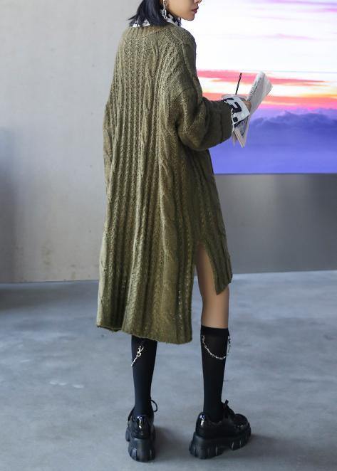 Oversized green Sweater dress Street Style o neck low high design Art knit dresses - SooLinen