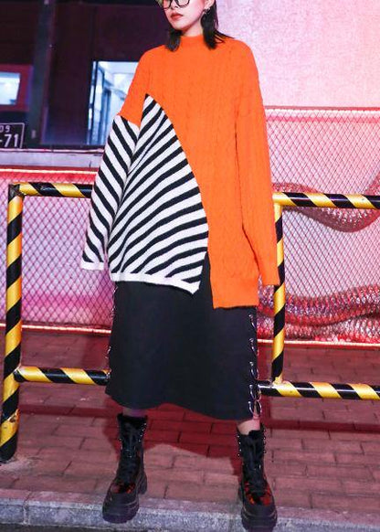 Oversized green patchwork striped knit sweat tops Loose fitting o neck Sweater Blouse - SooLinen