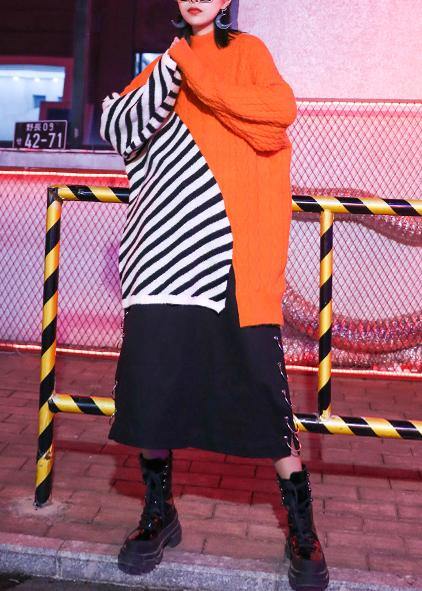 Oversized green patchwork striped knit sweat tops Loose fitting o neck Sweater Blouse - SooLinen