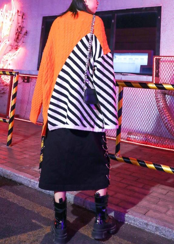 Oversized green patchwork striped knit sweat tops Loose fitting o neck Sweater Blouse - SooLinen