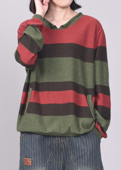 Oversized green striped knit tops plus size patchwork sweaters v neck - SooLinen