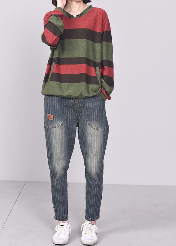 Oversized green striped knit tops plus size patchwork sweaters v neck - SooLinen