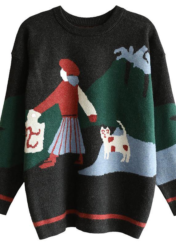 Oversized khaki knit blouse o neck trendy plus size prints knit sweat tops - SooLinen