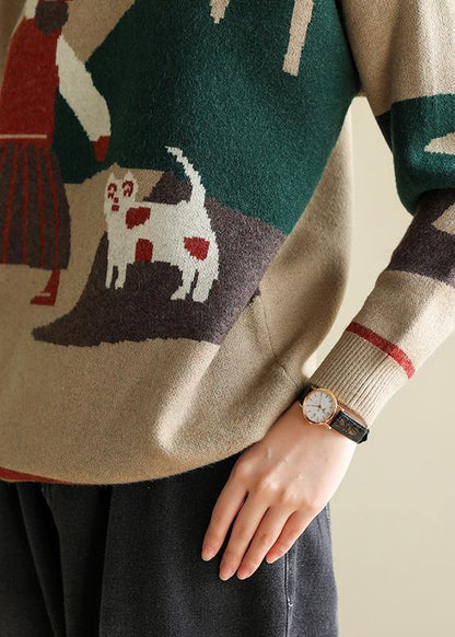 Oversized khaki knit blouse o neck trendy plus size prints knit sweat tops - SooLinen