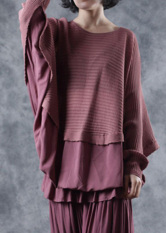 Oversized o neck red knit tops trendy plus size Batwing Sleeves tops - SooLinen