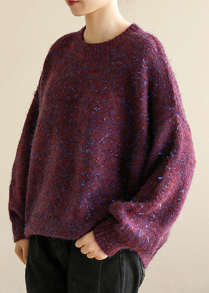 Oversized purple knit tops wild fall fashion o neck knitwear - SooLinen