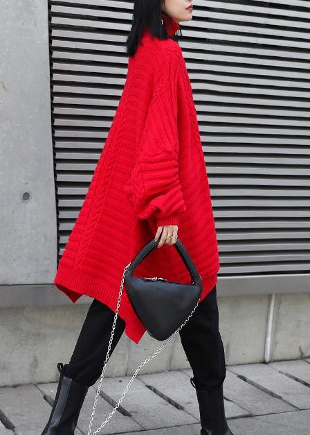 Oversized red Letter knitted t shirt high neck side open knitted blouse - SooLinen