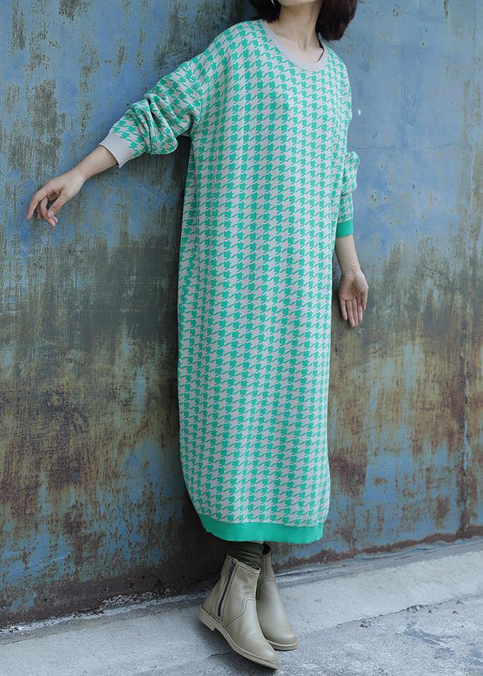 Oversized side open Sweater o neck Wardrobes Largo green plaid baggy knit dresses - SooLinen
