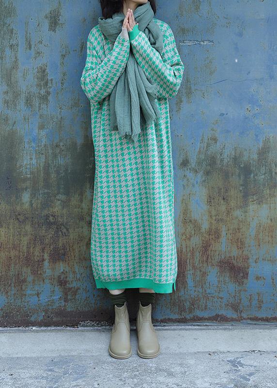 Oversized side open Sweater o neck Wardrobes Largo green plaid baggy knit dresses - SooLinen