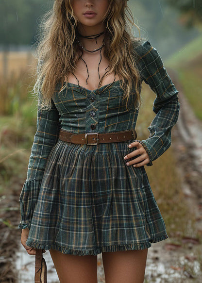 Pastoral Style Plaid Ruffled Long Sleeve Short Dress