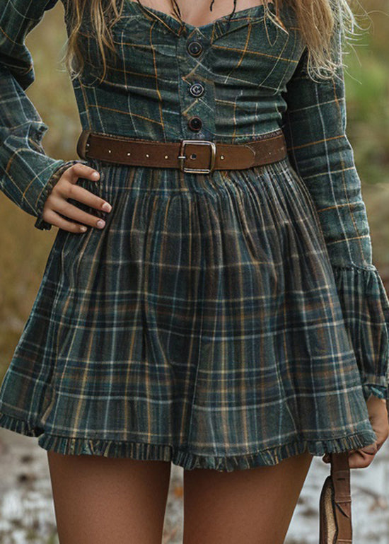 Pastoral Style Plaid Ruffled Long Sleeve Short Dress