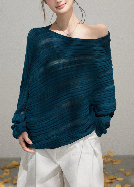 Peacock Blue Knit Sweaters Cold Shoulder Hollow Out Fall