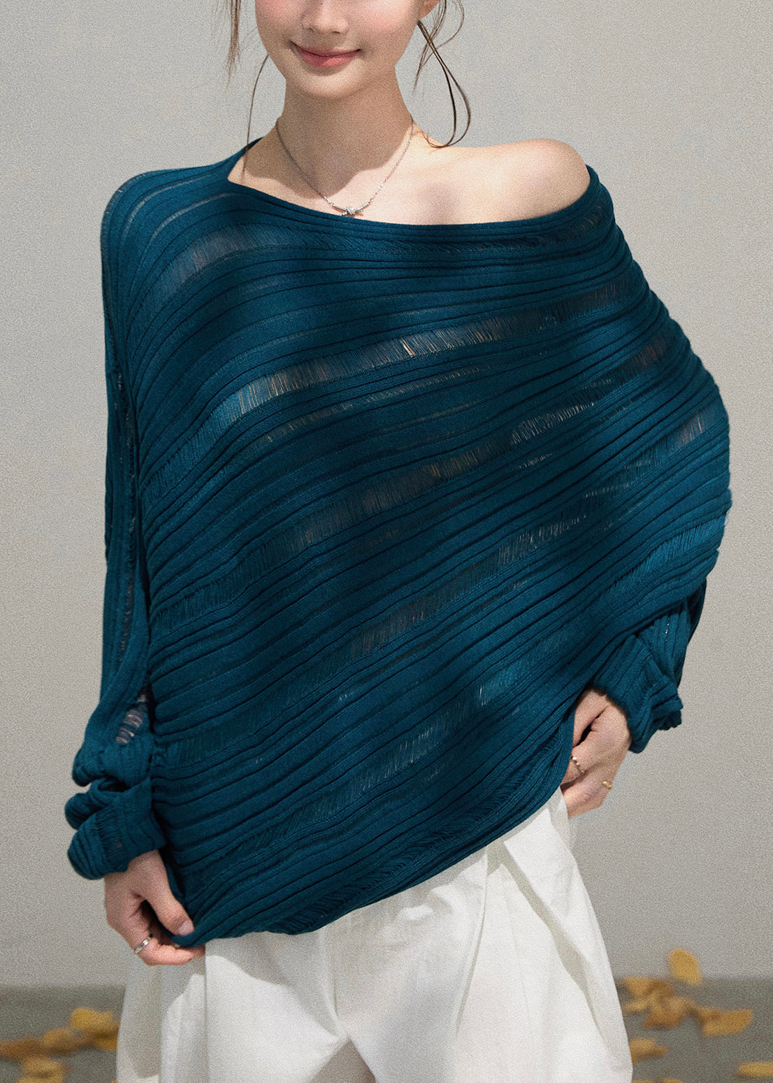Peacock Blue Knit Sweaters Cold Shoulder Hollow Out Fall