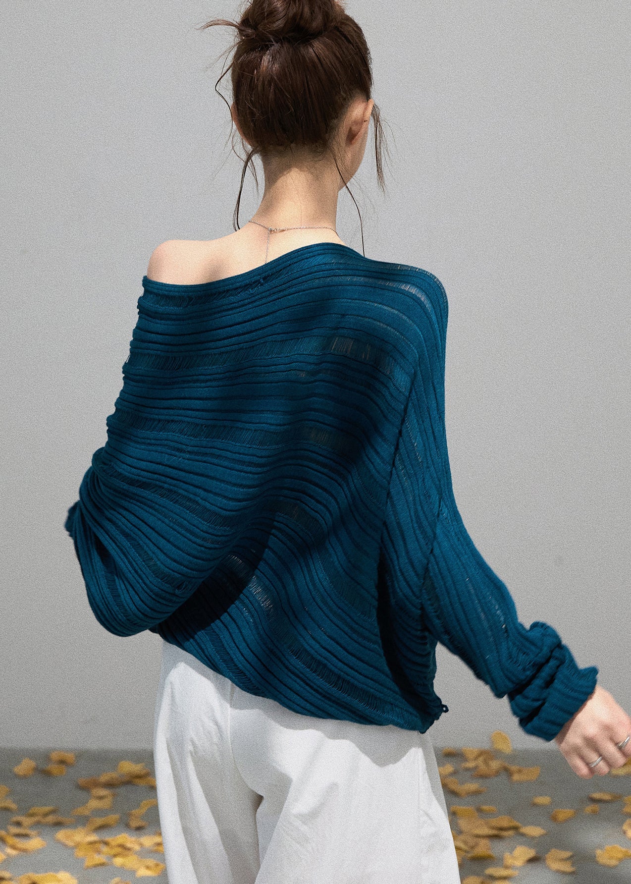 Peacock Blue Knit Sweaters Cold Shoulder Hollow Out Fall