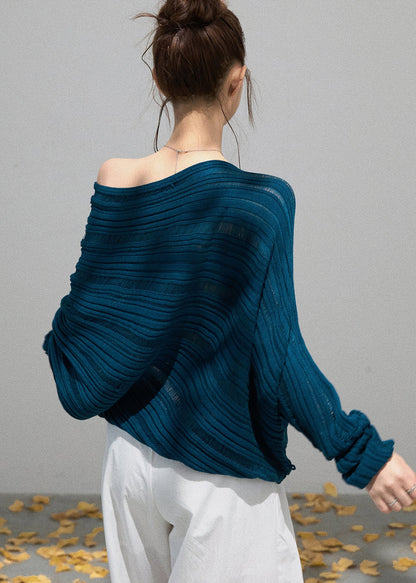 Peacock Blue Knit Sweaters Cold Shoulder Hollow Out Fall