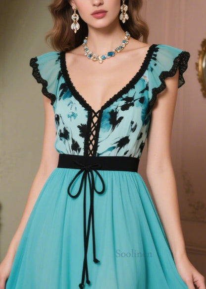 Peacock Blue Patchwork Chiffon Vacation Dresses Exra Large Hem Summer