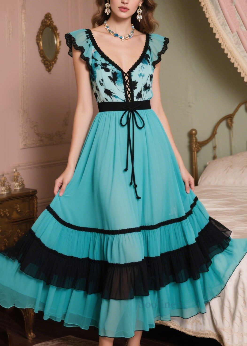 Peacock Blue Patchwork Chiffon Vacation Dresses Exra Large Hem Summer