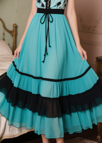 Peacock Blue Patchwork Chiffon Vacation Dresses Exra Large Hem Summer