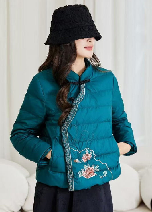 Peacock Blue Pockets Duck Down Filled Winter Down Coats Embroidered