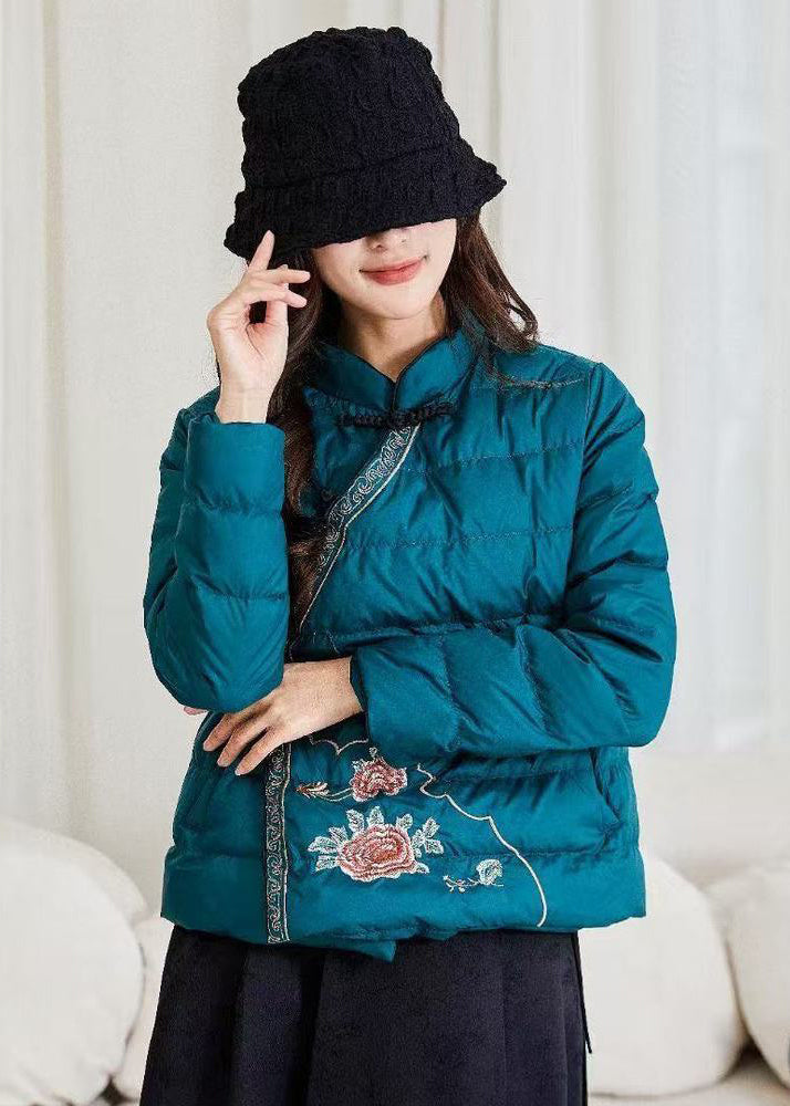 Peacock Blue Pockets Duck Down Filled Winter Down Coats Embroidered