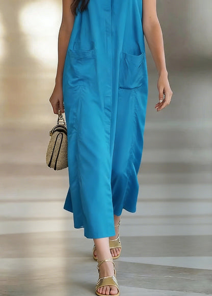 Peacock Blue Pockets Solid Cotton Long Dress O Neck Sleeveless
