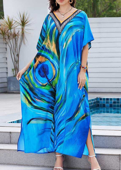Peacock Blue Print Chiffon Beach Dress Oversized Summer