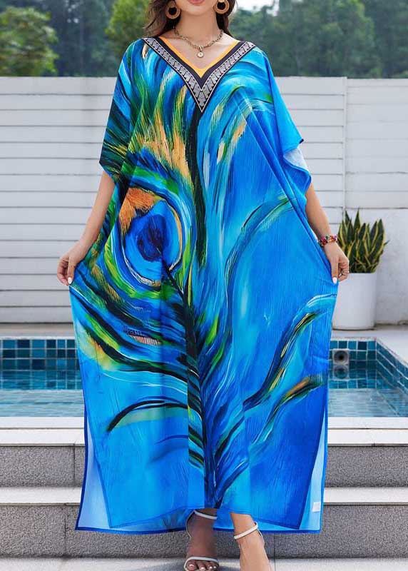 Peacock Blue Print Chiffon Beach Dress Oversized Summer