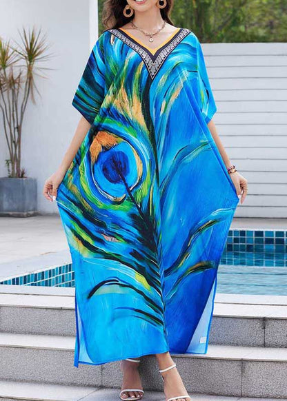 Peacock Blue Print Chiffon Beach Dress Oversized Summer