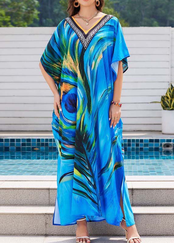 Peacock Blue Print Chiffon Beach Dress Oversized Summer