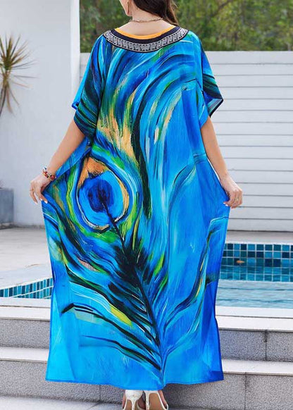 Peacock Blue Print Chiffon Beach Dress Oversized Summer