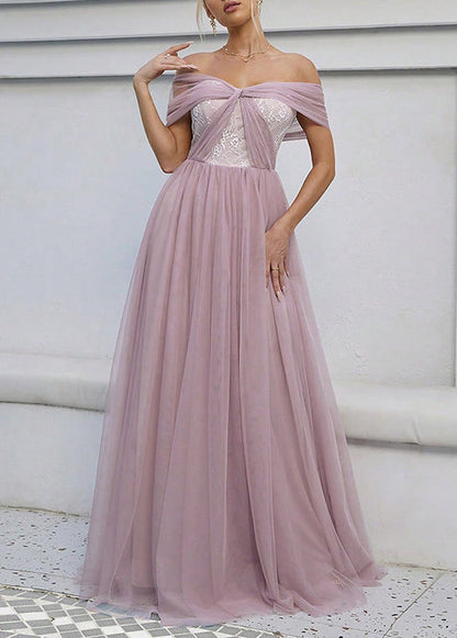 Pink Backless Wrinkled Tulle Summer Ankle Dress Slash Neck