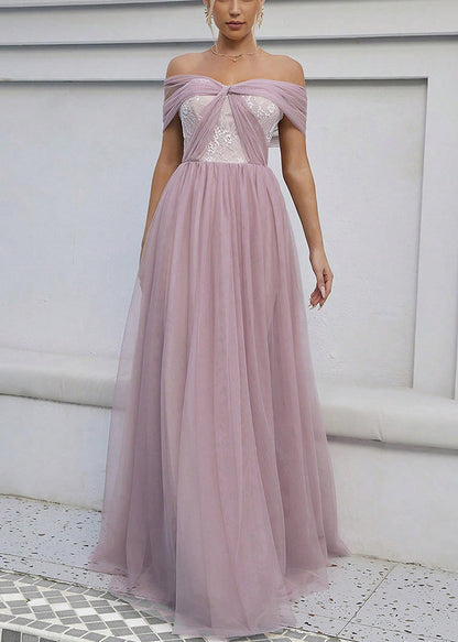 Pink Backless Wrinkled Tulle Summer Ankle Dress Slash Neck