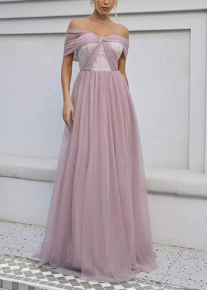 Pink Backless Wrinkled Tulle Summer Ankle Dress Slash Neck