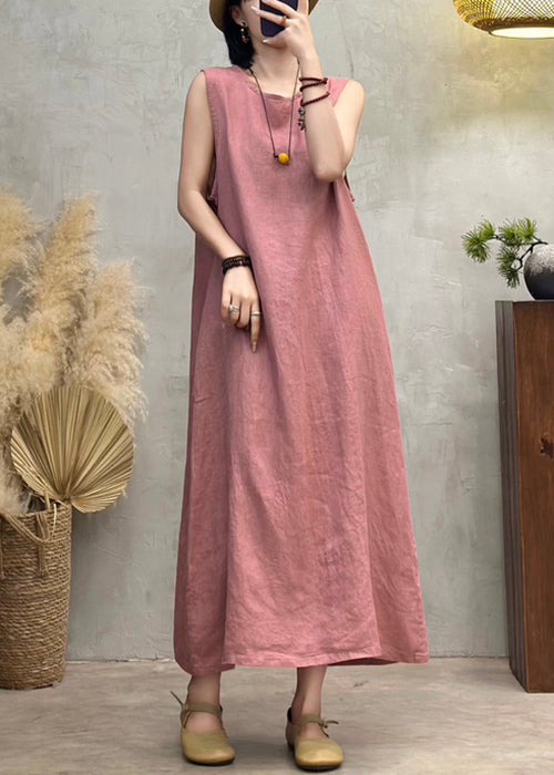 Pink Button Back Side Open Linen Dresses O Neck Summer
