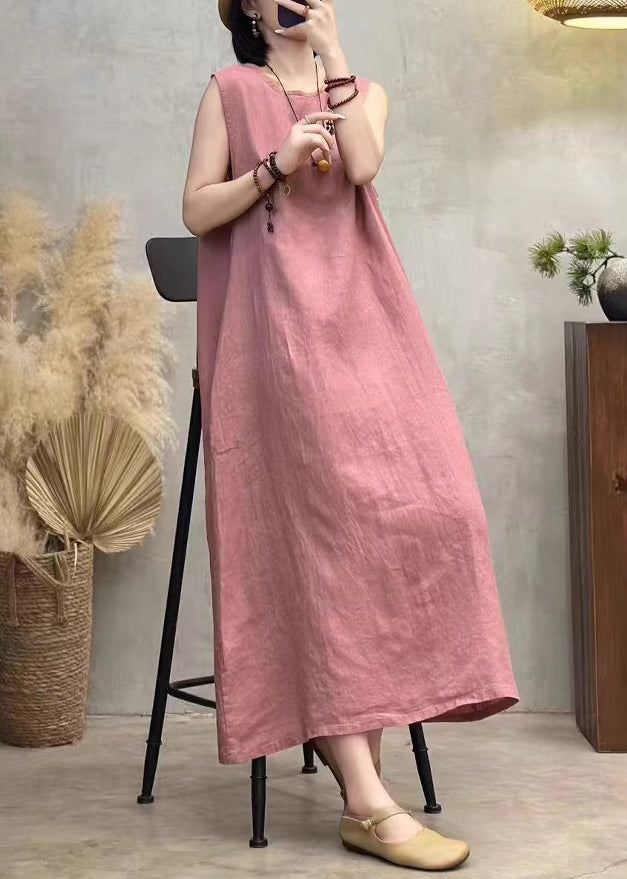 Pink Button Back Side Open Linen Dresses O Neck Summer