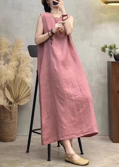 Pink Button Back Side Open Linen Dresses O Neck Summer