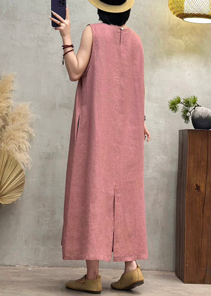 Pink Button Back Side Open Linen Dresses O Neck Summer