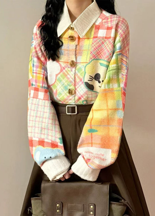 Pink Button Cartoon Print Knit Sweater Tops O Neck Spring