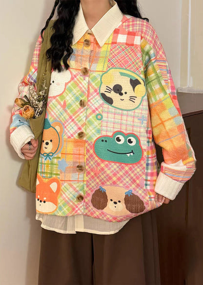 Pink Button Cartoon Print Knit Sweater Tops O Neck Spring