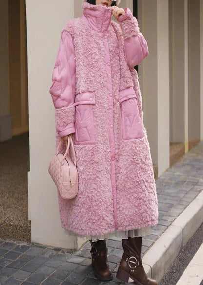 Pink Button Pockets Patchwork Duck Down Coats Stand Collar
