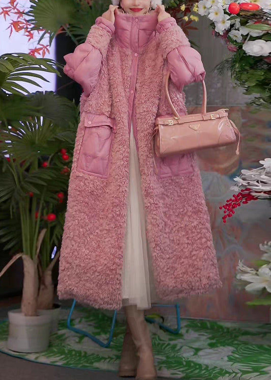 Pink Button Pockets Patchwork Duck Down Coats Stand Collar