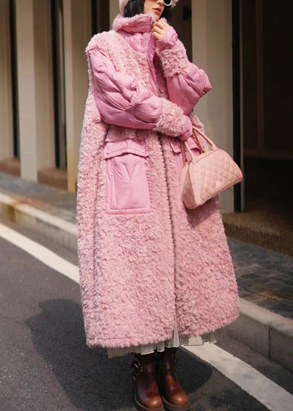 Pink Button Pockets Patchwork Duck Down Coats Stand Collar