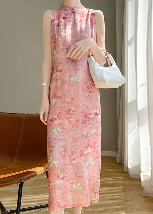 Pink Button Silk Cotton Long Dresses Stand Collar Summer
