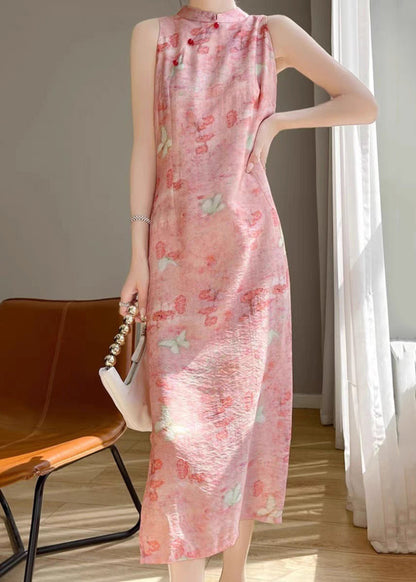 Pink Button Silk Cotton Long Dresses Stand Collar Summer