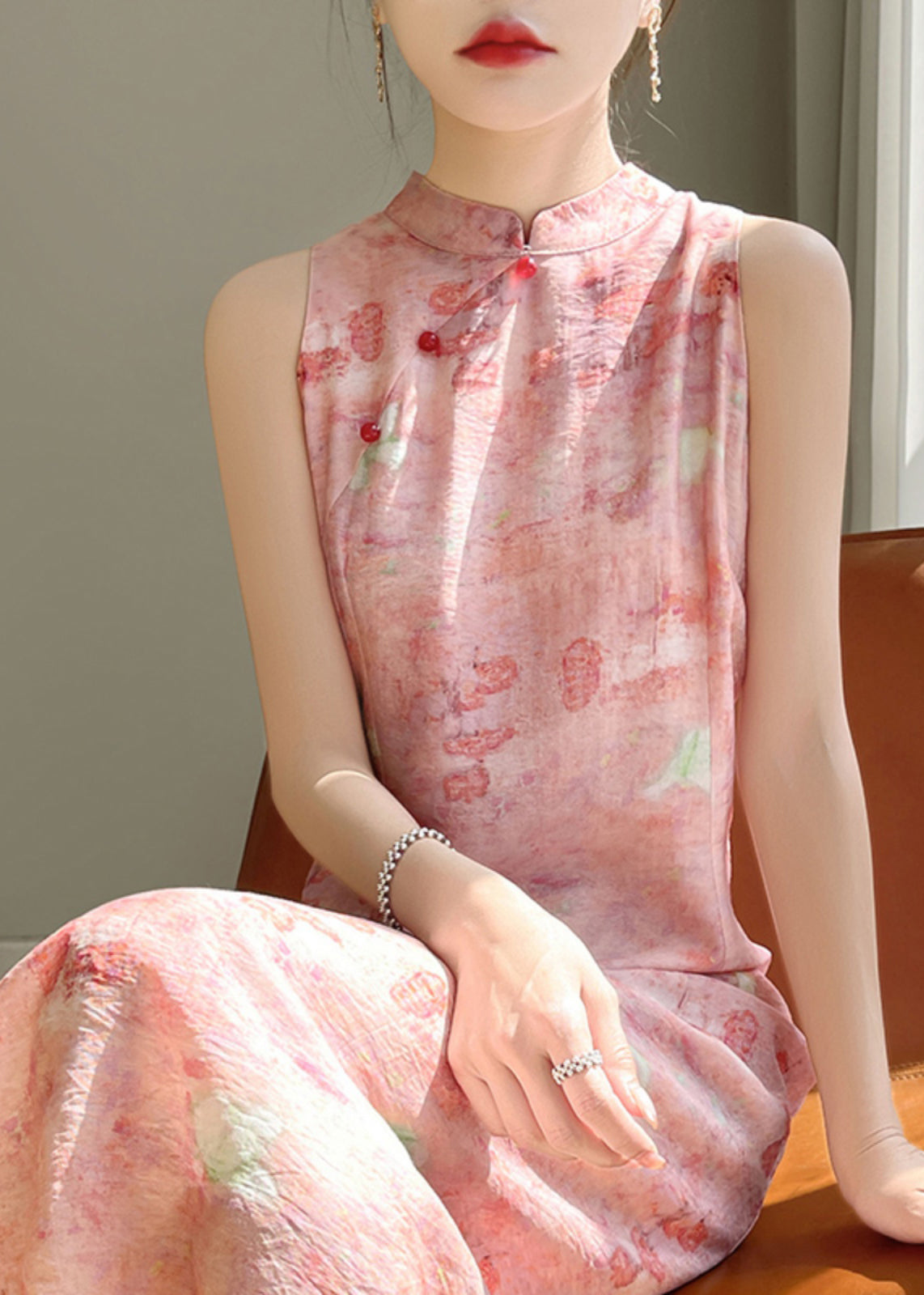 Pink Button Silk Cotton Long Dresses Stand Collar Summer