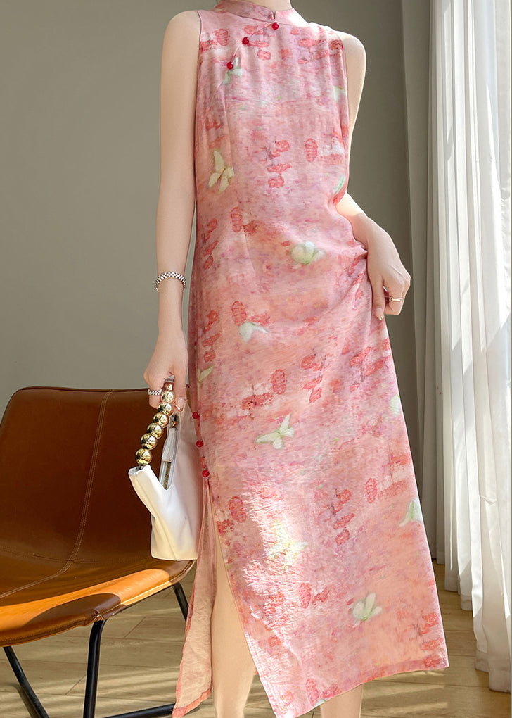 Pink Button Silk Cotton Long Dresses Stand Collar Summer
