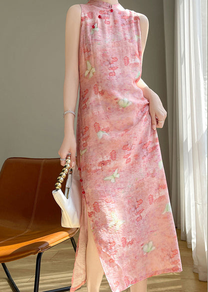 Pink Button Silk Cotton Long Dresses Stand Collar Summer