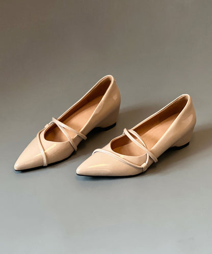 Pink Chunky Heels Cowhide Leather Beautiful Splicing Pointed Toe