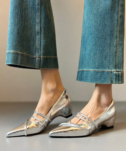 Pink Chunky Heels Cowhide Leather Beautiful Splicing Pointed Toe