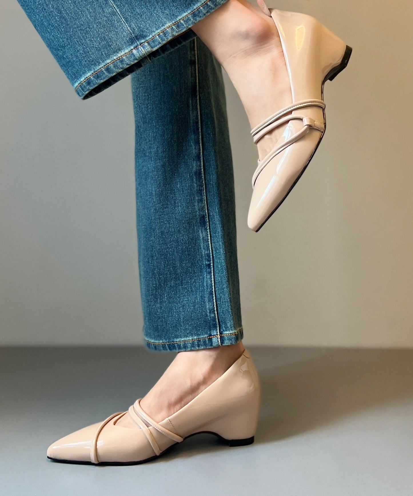 Pink Chunky Heels Cowhide Leather Beautiful Splicing Pointed Toe
